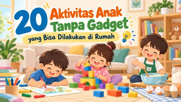 20 ide aktivitas anak tanpa gadget di rumah, mulai dari membaca buku, menggambar, bermain balok, hingga eksperimen sains sederhana.